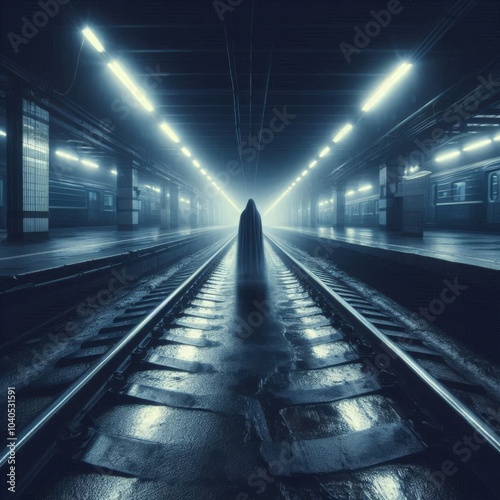 Eerie Hooded Figure on Abandoned Tracks