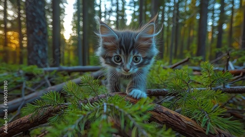 A curious kitten explores a lush forest, surrounded by vibrant greenery and trees, capturing a serene and playful moment in nature.