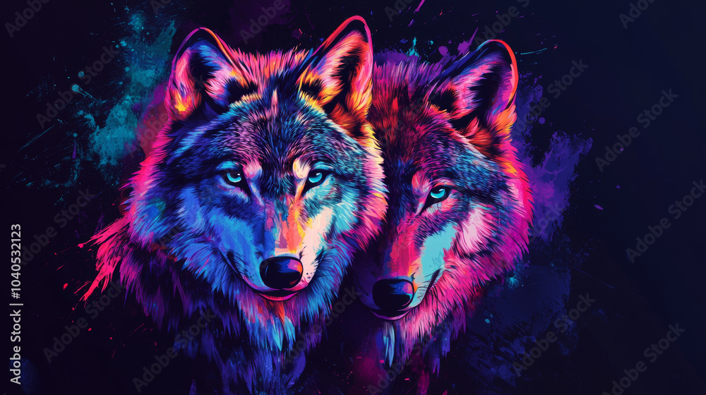 An abstract pop art-style portrait of a pair of wolves, featuring neon colors and watercolor splashes on a black background, created as digital vector graphics.
An abstract pop art-style portrait of a pair of wolves, featuring neon colors and watercolor splashes on a black background, created as digital vector graphics.