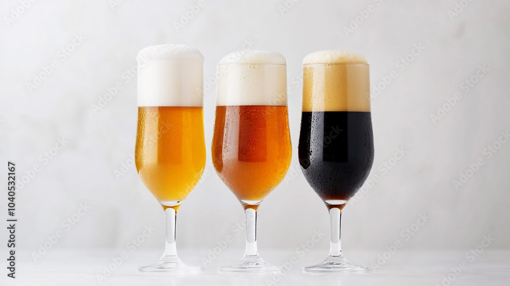 Three Glasses of Beer with Different Colors and Head Foam Three Glasses of Beer with Different Colors and Head Foam