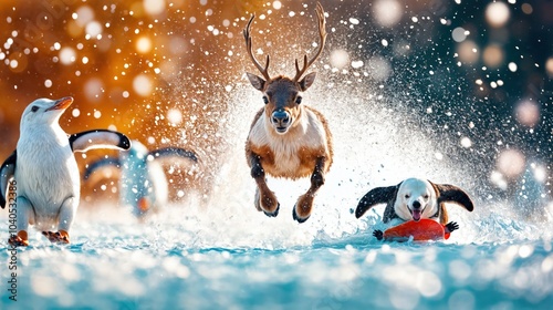  Reindeer, penguin, and polar bear splashing in water during an exciting winter race