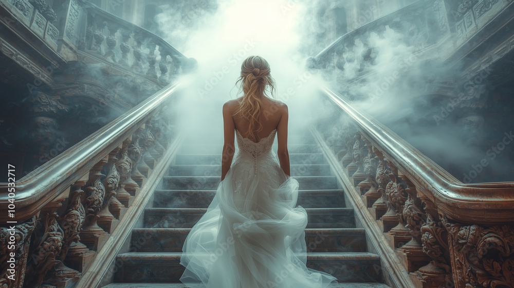 Woman in a lace dress, walking the stairs. Woman in a lace dress, walking the stairs.