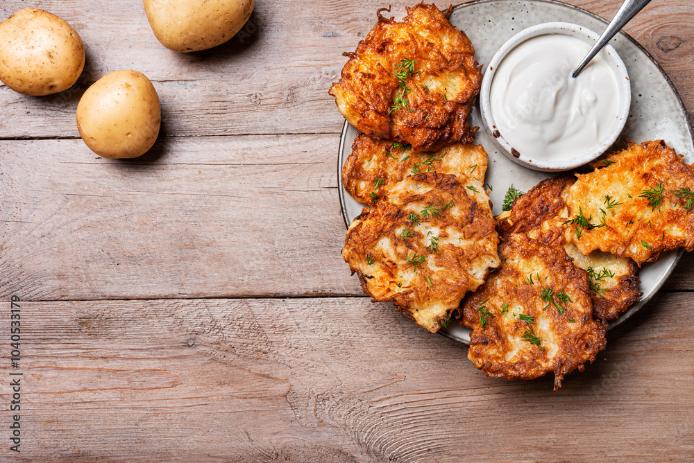 Fried potato latkes with sour cream. Hash browns. Fried potato latkes with sour cream. Hash browns.