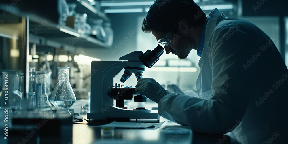 A close-up of a scientist using a microscope in a sterile laboratory. High-tech instruments surround the workspace, emphasizing the importance of detailed observation and analysis in research. A close-up of a scientist using a microscope in a sterile laboratory. High-tech instruments surround the workspace, emphasizing the importance of detailed observation and analysis in research.