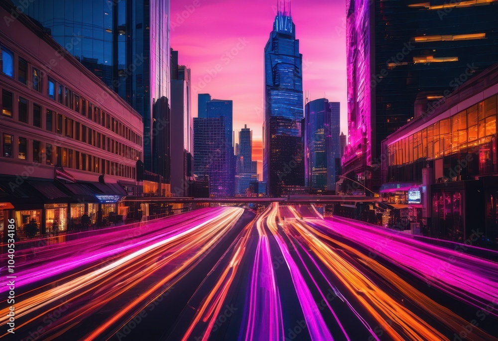 Fototapeta premium stunning vibrant cityscape dusk capturing light trails vehicles colorful sky glowing buildings urban energy, architecture, illumination, lights, skyline