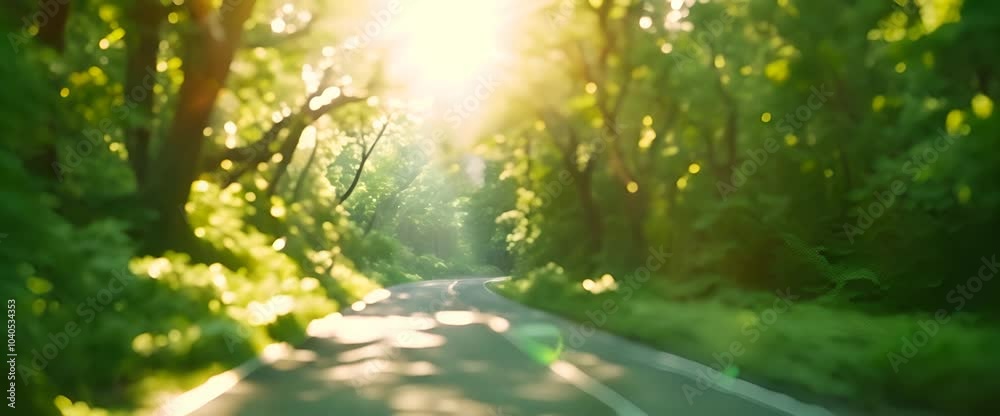 Driving Through a Lush Forest Canopy on a Sunny Day A Scenic Road Trip with Golden Sunlight Filtering Through Trees Relaxing and Tranquil Forest Road 4K