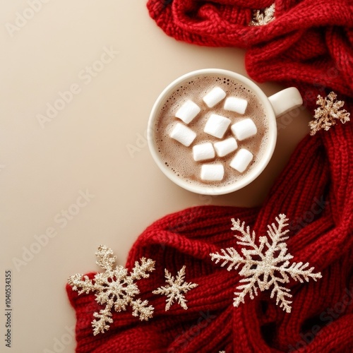 A warm cup of hot chocolate with marshmallows on a cozy red scarf during wint...