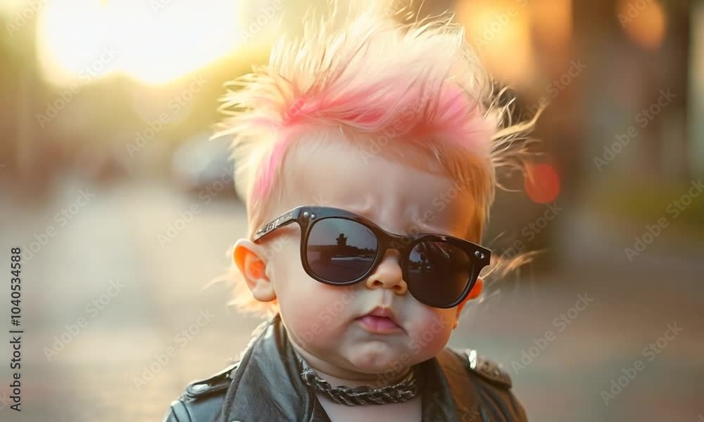 A stylish baby with pink mohawk and sunglasses in a leather jacket.
