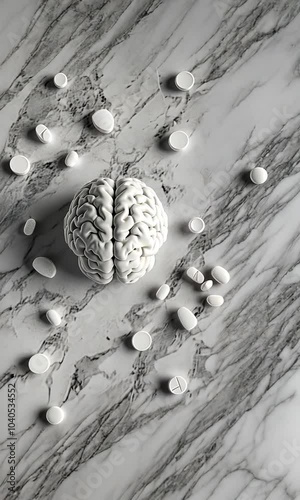 A stylized brain model surrounded by white pills on a marble surface.