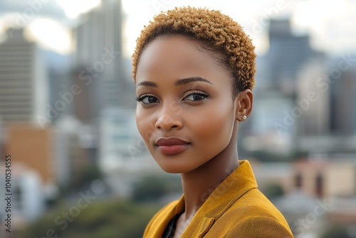 A confident woman stands against a city skyline during the day, showcasing he...