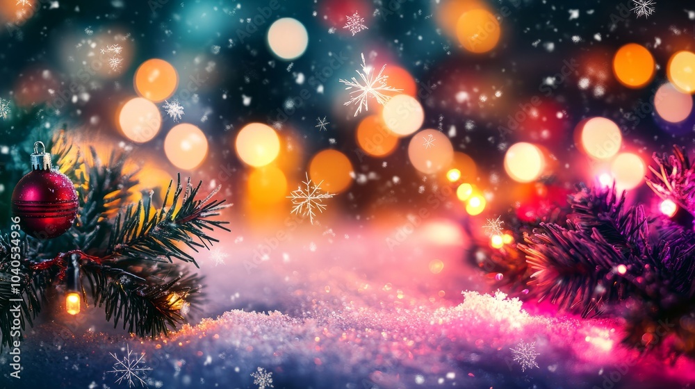 A colorful holiday night scene with vibrant glowing bokeh lights and snowflakes
