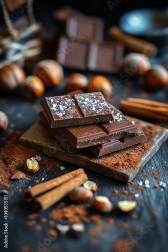 Delicious dark chocolate bars with cocoa powder and nuts on a rustic wooden b...