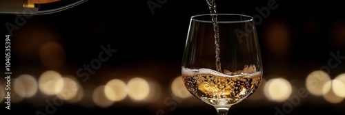 Pouring sparkling wine into a glass with warm lights in the background during...