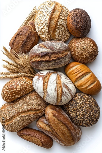 A variety of artisanal bread loaves displayed on a white background with whea...