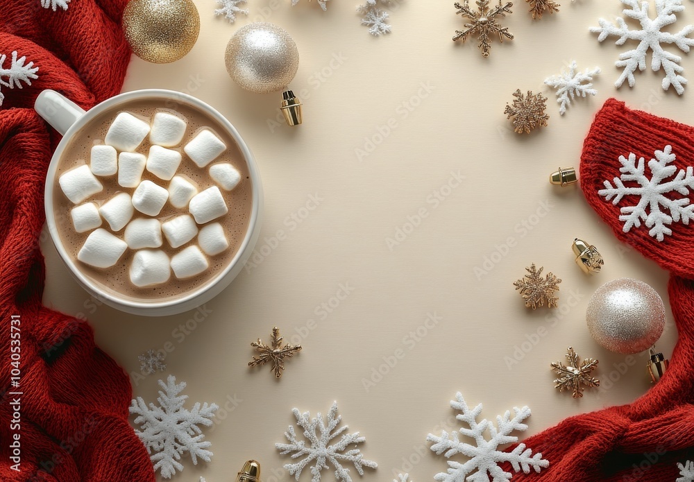 Fototapeta premium Warm cup of hot chocolate with marshmallows surrounded by festive decorations during winter