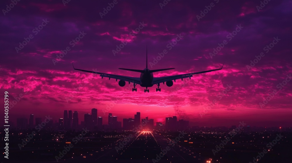 Airplane over city at sunset Airplane over city at sunset