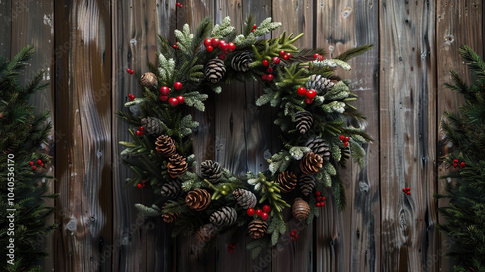 Fototapeta premium A Christmas wreath made of evergreen branches, pinecones, and red berries hanging on a rustic wooden door