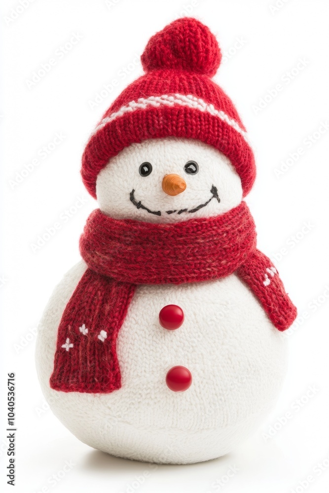 Cheerful snowman in a red hat and scarf made of snow, standing against a white background during winter celebrations