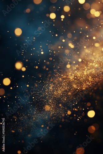 Golden and blue particles float in a mesmerizing light against a dark background