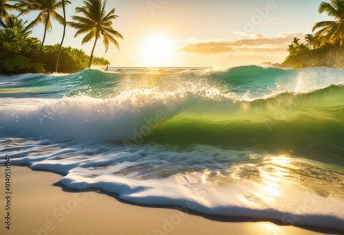 vibrant ocean waves crashing onto soft white sandy shores under clear blue sky sunlight shining, beach, water, sea, sunny, foam, texture, silhouette