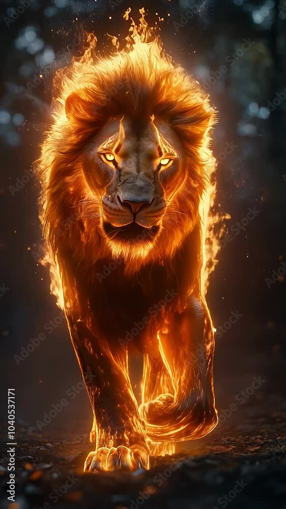 Fire lion walking on dark background. Vertical video. Slow motion.