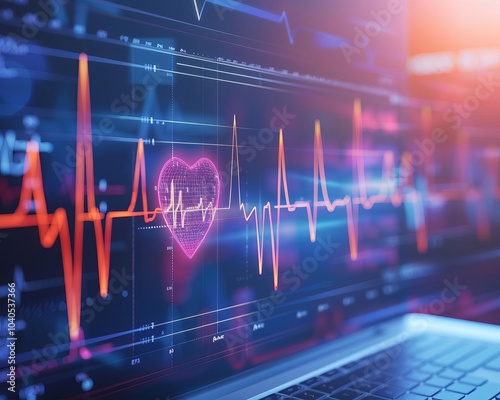 Digital heartbeat monitor with neon heart shape on a screen, representing medical technology and healthcare innovation.