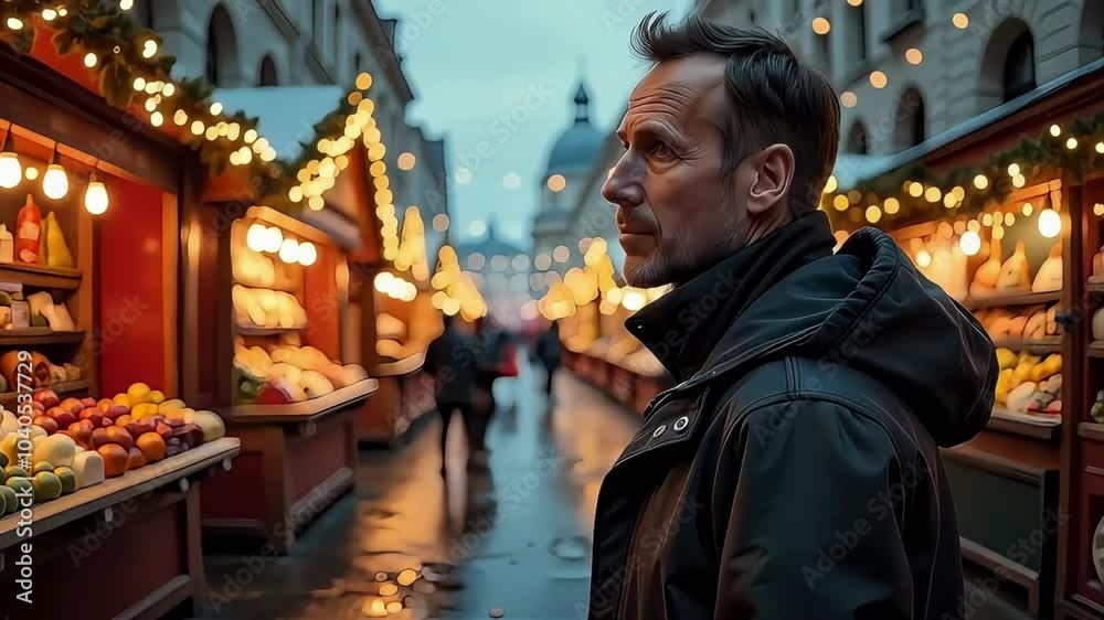 Man gazing thoughtfully at a vibrant market lit by festive lights.