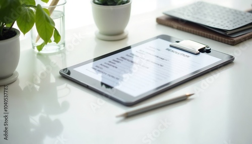 A modern tablet with a reflective screen on a white table