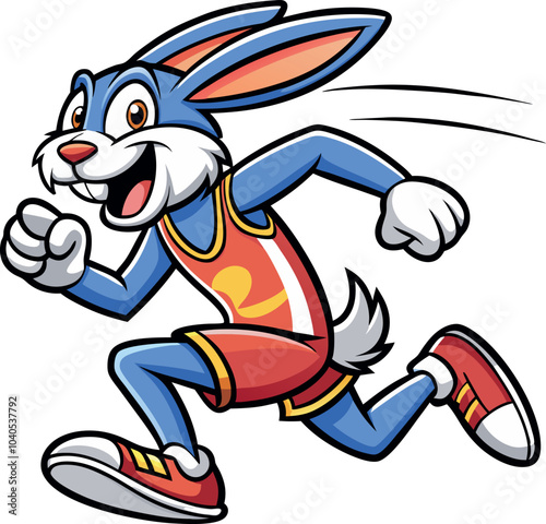 Blue rabbit running wearing sportswear and smiling