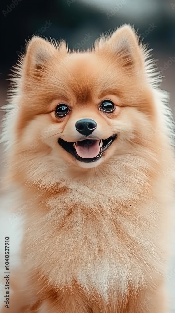 An orange Pomeranian dog appears to smile while looking at the camera with bright brown eyes, set against a dark gray backdrop An orange Pomeranian dog appears to smile while looking at the camera with bright brown eyes, set against a dark gray backdrop