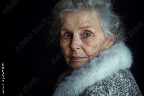 A thoughtful elderly woman wearing a warm coat and looking contemplatively to...