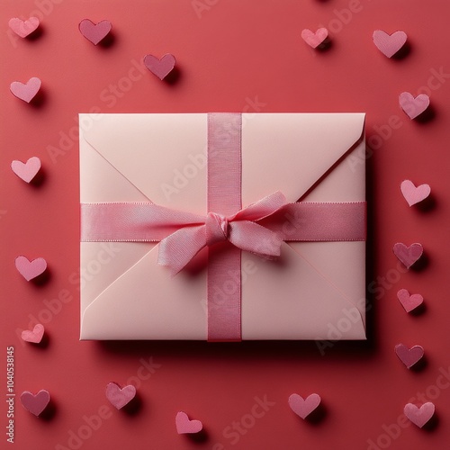 A beautifully wrapped pink gift box with a ribbon surrounded by heart shapes ...