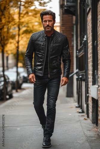 Stylish man walking confidently on a city street wearing a black leather jacket during the day