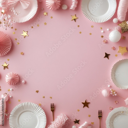 Festive table setting with pink plates and golden decorations for a celebrati...