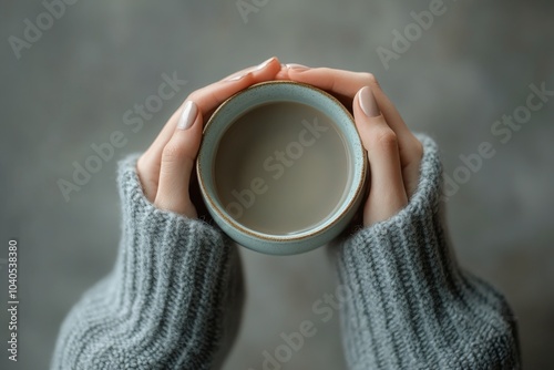 Cozy hands holding a warm cup of coffee on a soft gray background in a comfor...