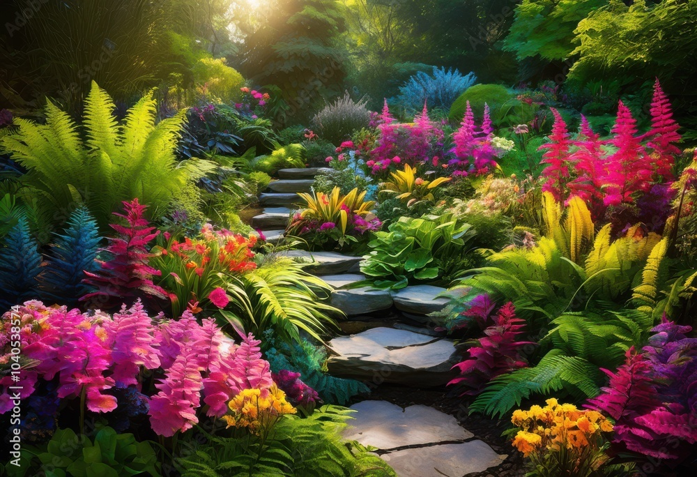Fototapeta premium vibrant garden layout featuring lush plant arrangements various colors textures create stunning outdoor space, blooms, bush, catalpa, community, cultivation