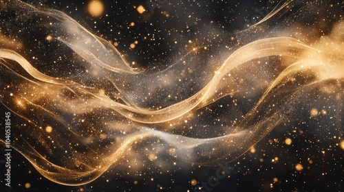 Sparkling golden wind with glowing dust and stars, swirling dynamically, isolated on a transparent background 