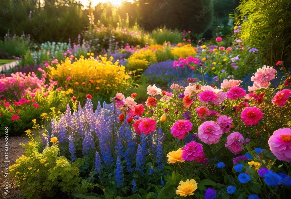 Obraz premium vibrant display colorful seasonal flowers nestled freshly mulched garden beds burst beauty, blooms, petals, colors, landscape, nature, foliage, horticulture