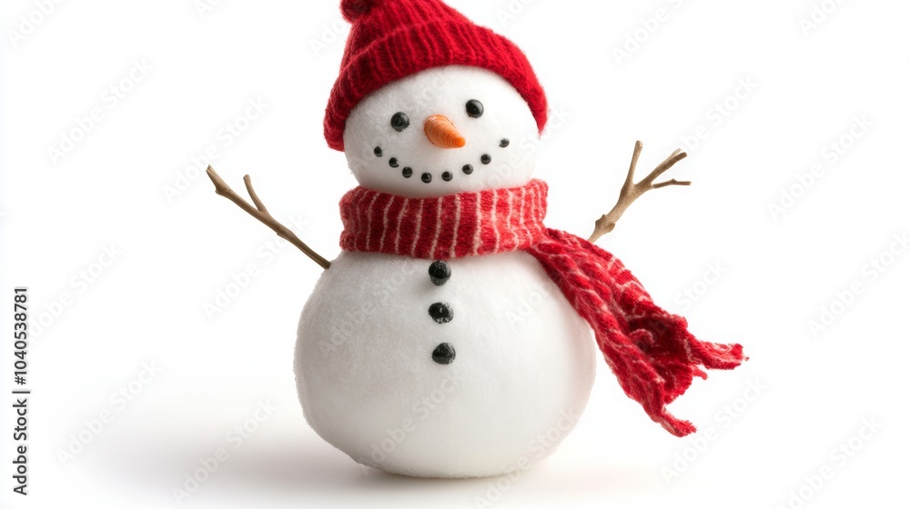 A cheerful snowman wearing a red hat and scarf stands in a bright indoor setting A cheerful snowman wearing a red hat and scarf stands in a bright indoor setting