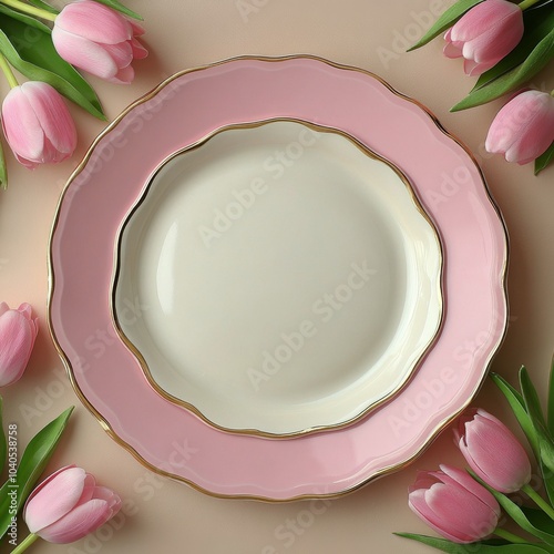 Elegant pink plate with gold accents surrounded by fresh tulips on a soft pas...
