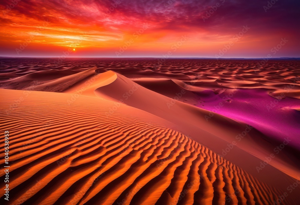 Naklejka premium dramatic sunset over expansive sand dunes displaying intricate textures warm hues sky, horizon, landscape, gradient, colors, nature, desert, scene, view