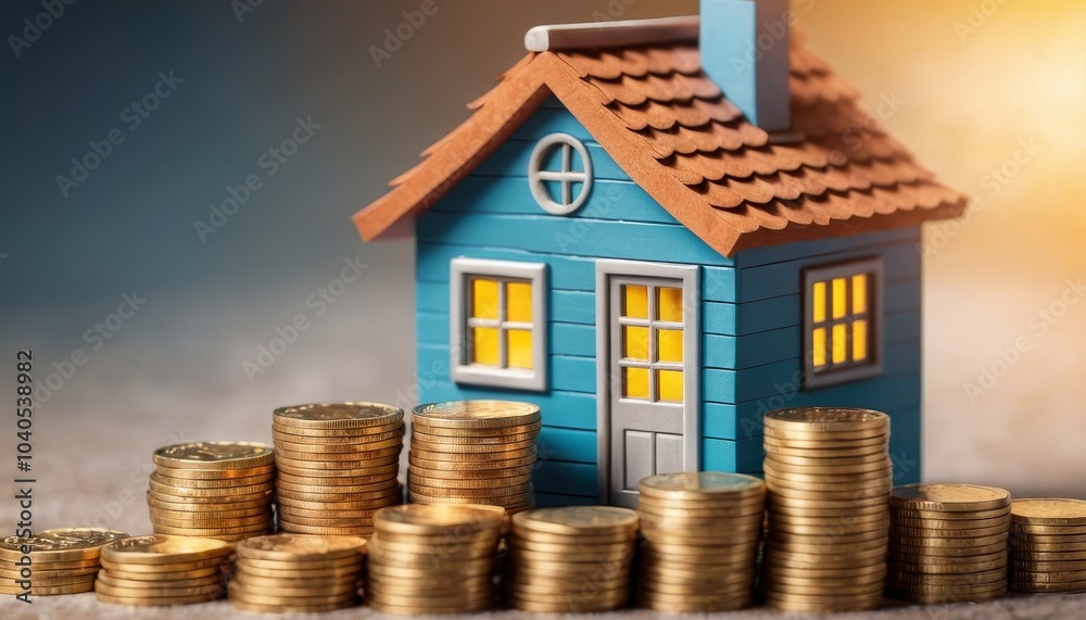 Tiny house with surrounding coin stacks, illustrating real estate downsizing and financial savings for future homeownership and affordable housing solutions Tiny house with surrounding coin stacks, illustrating real estate downsizing and financial savings for future homeownership and affordable housing solutions