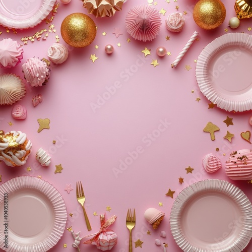 Festive table setting with pink plates and golden decorations for a celebrati...