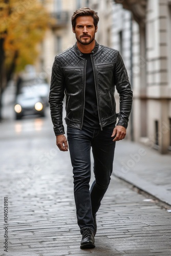 Stylish man walking confidently on a city street wearing a black leather jack...