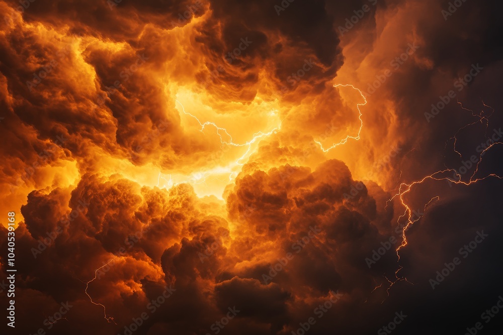 Golden orange storm clouds surge and rage with fiery light as a storm brews, illustrating the fierce and unpredictable power of nature in stunning display.