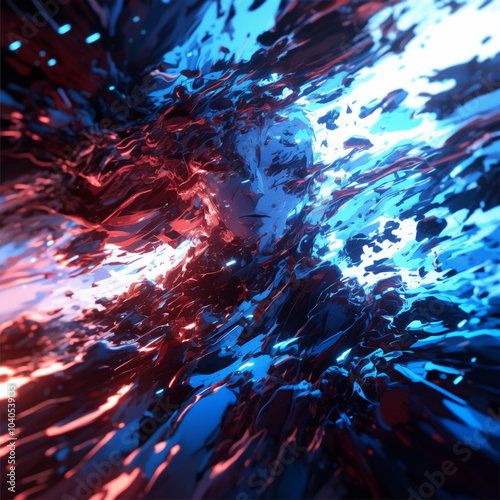 explosive digital art in deep blues and reds, depicting a high-energy abstract collision in a cosmic setting