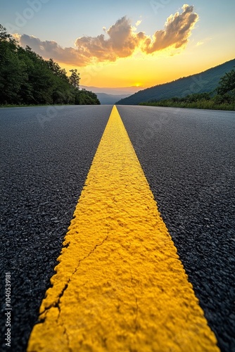 Scenic view of a winding road with sunset lighting in the mountains during la...