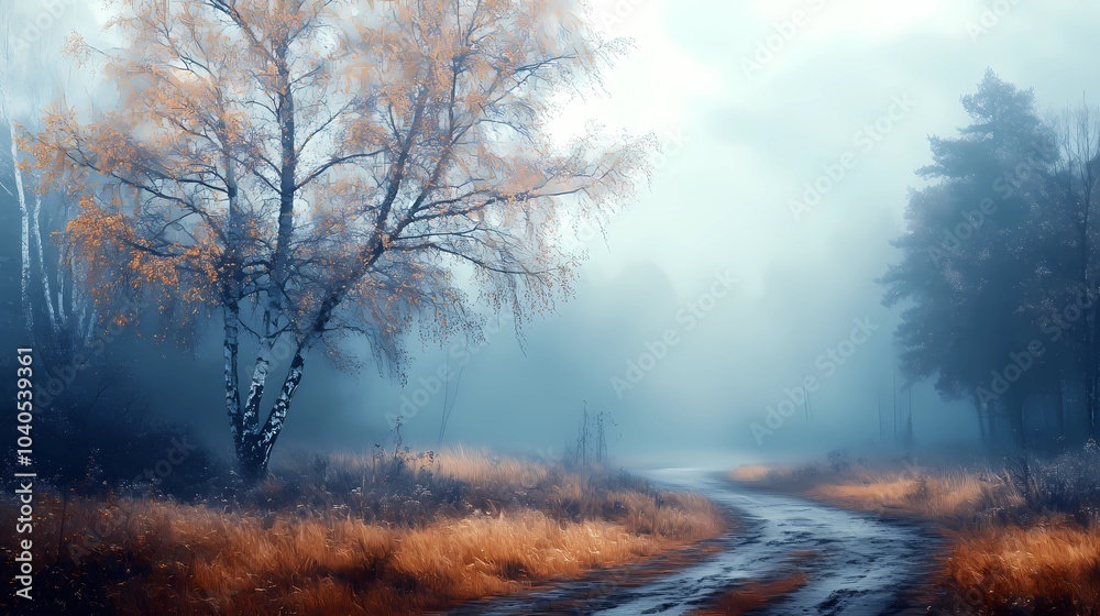 Naklejka premium a fog-covered forest, creating a peaceful and mysterious atmosphere ideal for seasonal stock imagery.