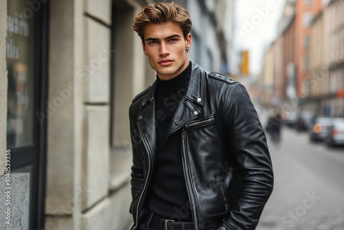 Young man wearing leather jacket stands confidently on urban street during la...