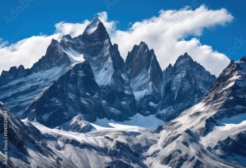 majestic mountain peaks surrounded ethereal wispy clouds clear blue sky, summit, range, landscape, scenery, vista, terrain, panoramic, outdoor, altitude